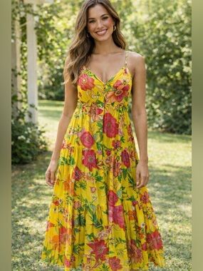 Sunny Yellow Floral Maxi Dress with Spaghetti Straps